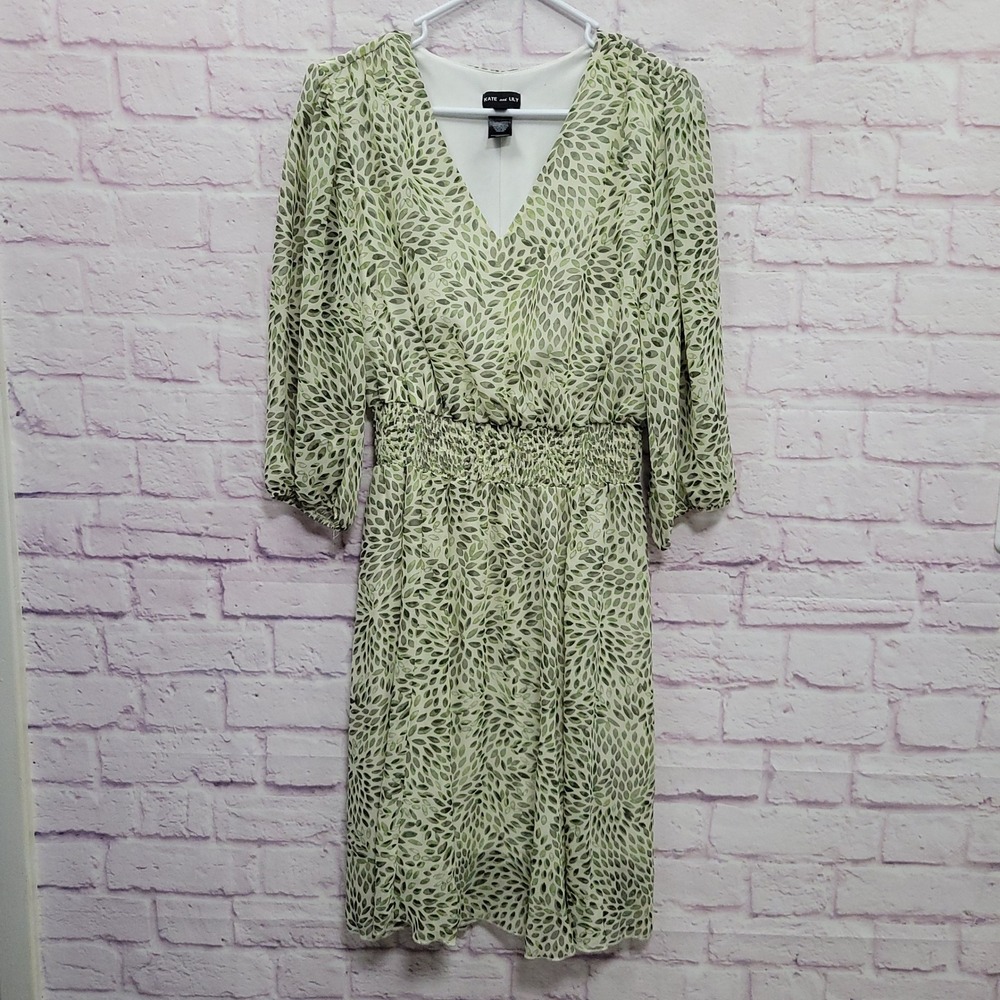 Kate & Lily Green Leaf Print A-Line Midi Dress 14 Smocked V-Neck Retro Boho Chic